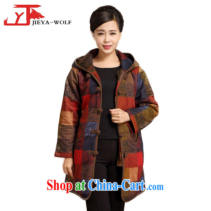 JIEYA - WOLF Tang Women's clothes quilted coat jacket autumn and winter fashion, Ms. replacing cotton clothing, long, urban chic cap, blue and red checkered M, JIEYA - WOLF, shopping on the Internet