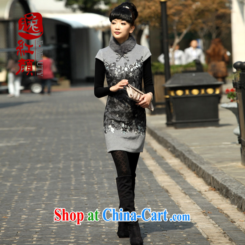 The proverbial hero once and for all -- fall dream Lace Embroidery rabbit hair for fall and winter Stylish retro improved cheongsam gray 2 XL