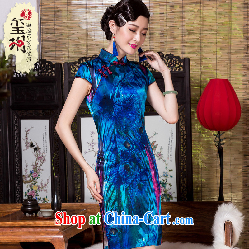 Yin Yue seal autumn and winter, heavy Silk Cheongsam stamp improved retro daily dos santos Ms. Silk Cheongsam dress blue XL seal, Yin Yue, shopping on the Internet