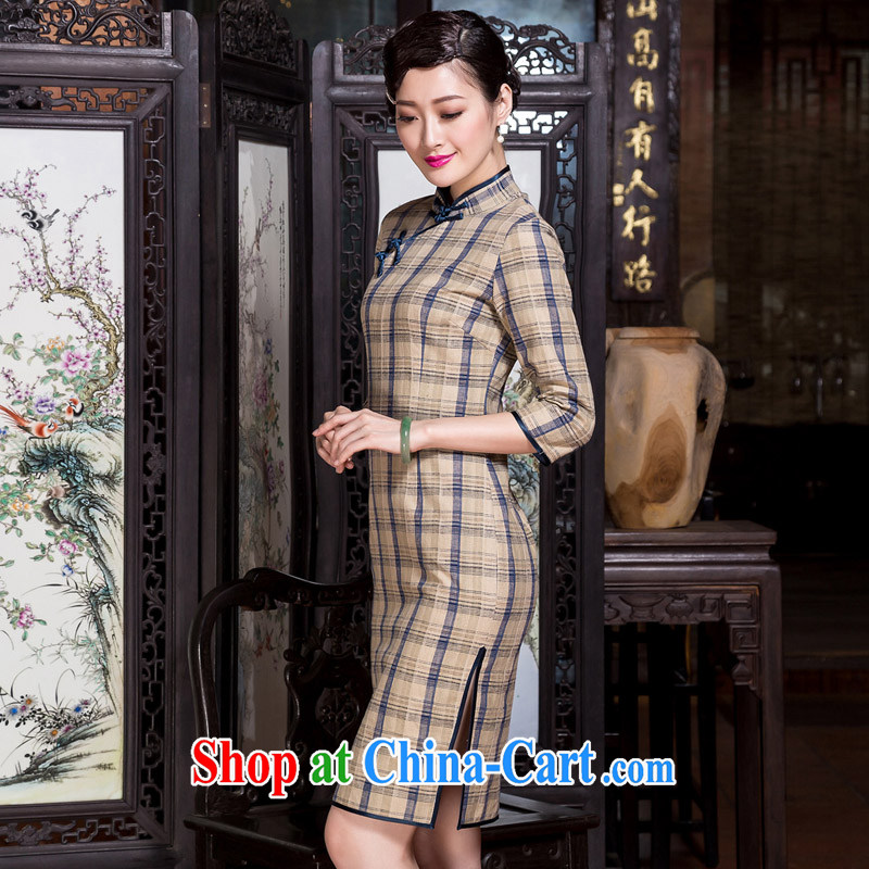 Yin Yue seal 2015 autumn and winter new cotton the cheongsam literary and art nouveau grid 7 cuff linen elegant cheongsam dress picture color S seal, Yin Yue, shopping on the Internet