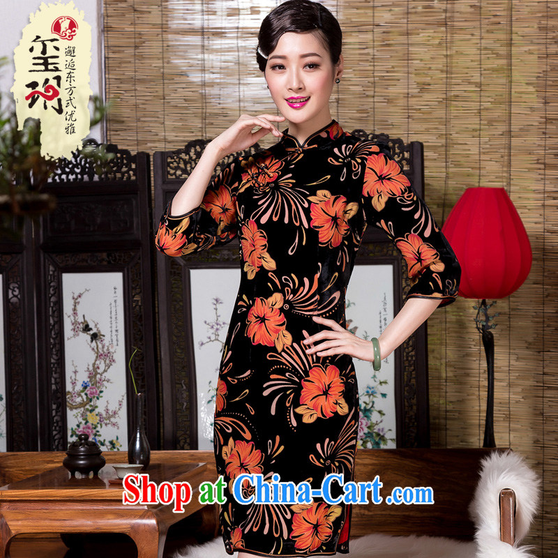 Yin Yue seal 2015 autumn and winter new retro Ethnic Wind 7 cuff cheongsam silk black flower lint-free cloth elegant improved daily picture color XXXL