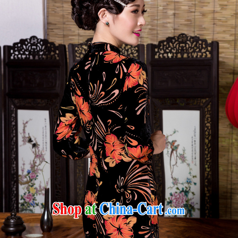 Yin Yue seal 2015 autumn and winter new retro Ethnic Wind 7 cuff cheongsam silk black flower lint-free cloth elegant improved daily picture color XXXL seal, Yin Yue, shopping on the Internet