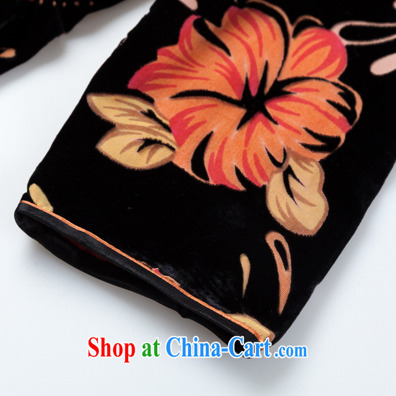 Yin Yue seal 2015 autumn and winter new retro Ethnic Wind 7 cuff cheongsam silk black flower lint-free cloth elegant improved daily picture color XXXL seal, Yin Yue, shopping on the Internet