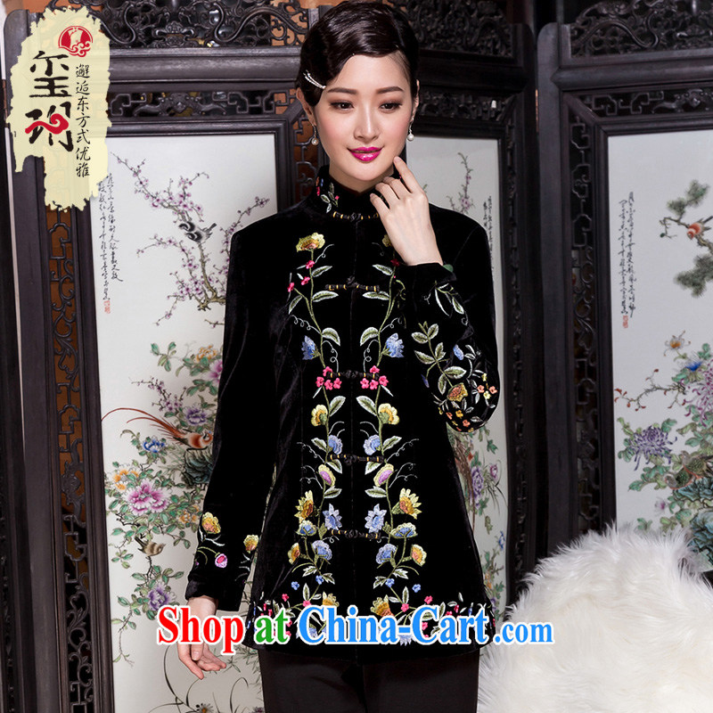 Yin Yue seal 2015 winter retro embroidery flower velvet jacket middle-aged T-shirt Chinese Ethnic Wind mother load Tang black M