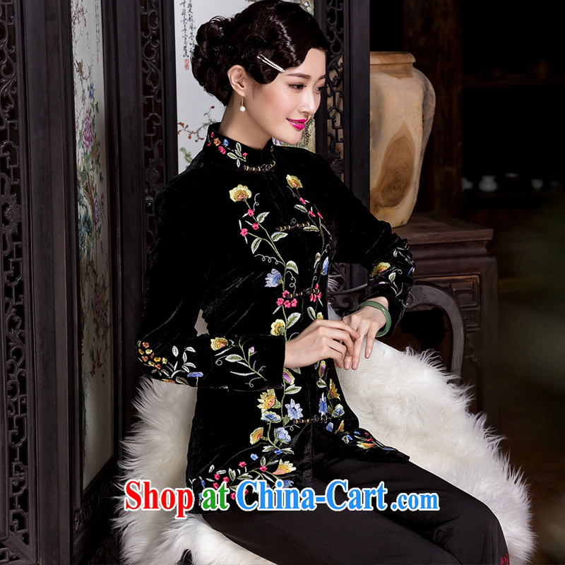Yin Yue seal 2015 winter retro embroidery flower velvet jacket middle-aged T-shirt Chinese Ethnic Wind mother load Tang black M seal, Yin Yue, shopping on the Internet