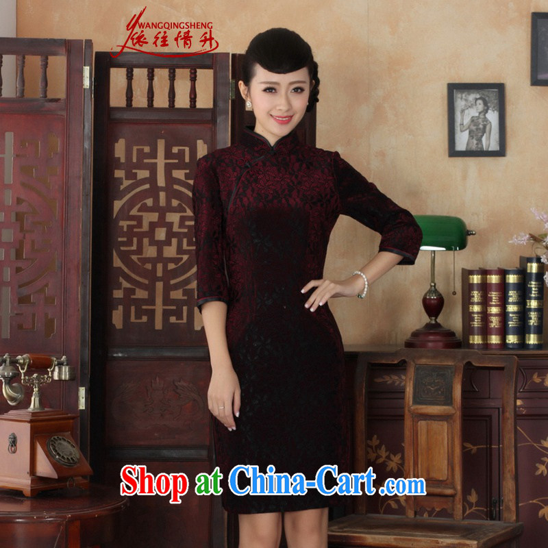 In accordance with the situation in autumn new female dresses Ethnic Wind lace gold velour cultivating 7 cuff cheongsam dress in figure 3 XL