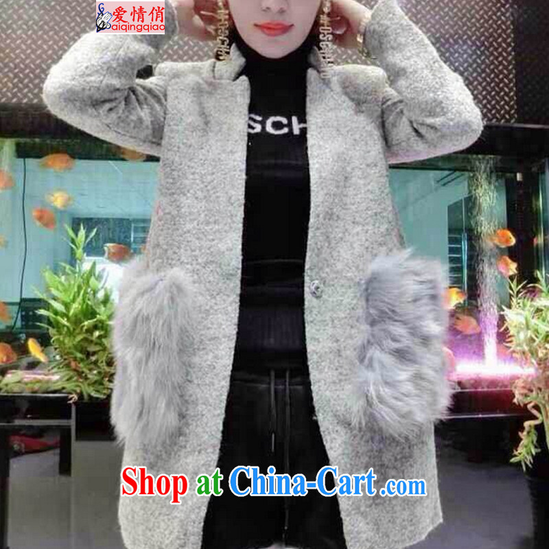 fall and winter Korean jacket, long hair that jacket girls thick Fox hair pocket? The coat N 6076 light gray L, love for AI QING QIAO), online shopping