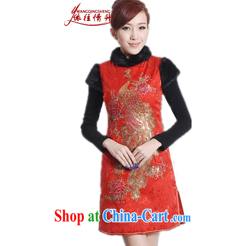 According to the conditions in Winter spring new improved Chinese qipao, for stitching jacquard quilted dress cheongsam dress - C red 2 XL