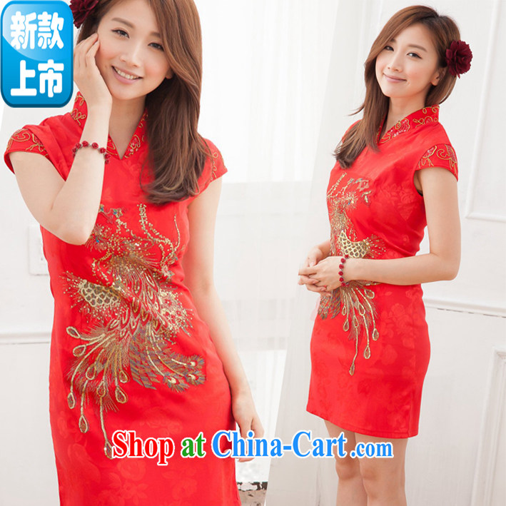Phoenix embroidery cheongsam dress summer improved stylish beauty wedding dress toast clothing wedding dresses red XL