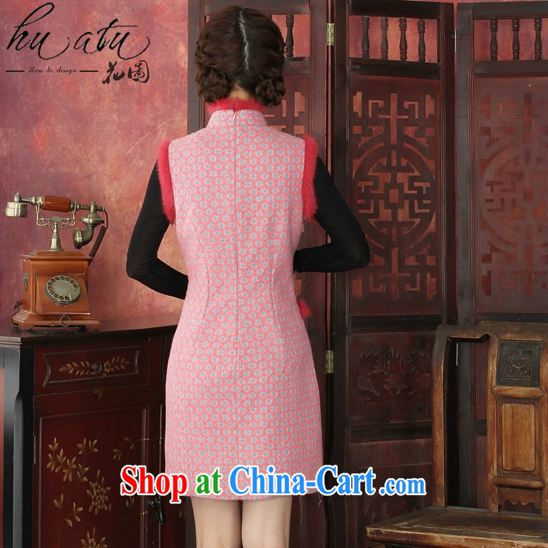Spend the fall and winter cheongsam dress Chinese, Chinese style thick lace cheongsam rabbit hair flower clip cheongsam dress dress pink 3 XL, figure, and shopping on the Internet