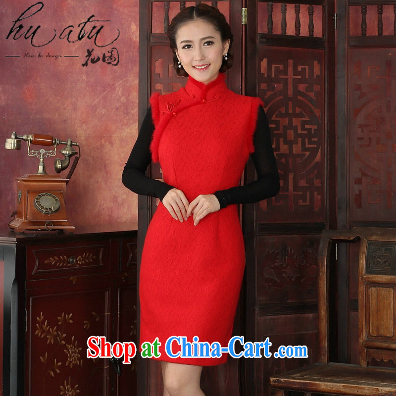 Take the cheongsam dress tang on winter clothes dresses thick composite lace-up collar rabbit hair collar cheongsam dress festive qipao gown red 2 XL, figure, and shopping on the Internet