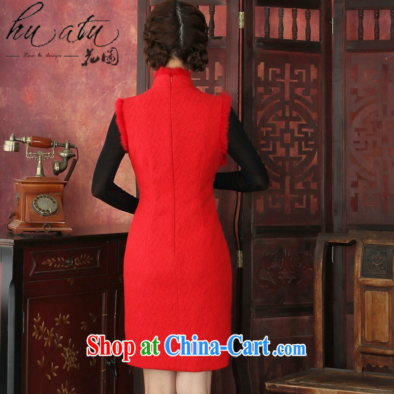 Take the cheongsam dress tang on winter clothes dresses thick composite lace-up collar rabbit hair collar cheongsam dress festive qipao gown red 2 XL, figure, and shopping on the Internet