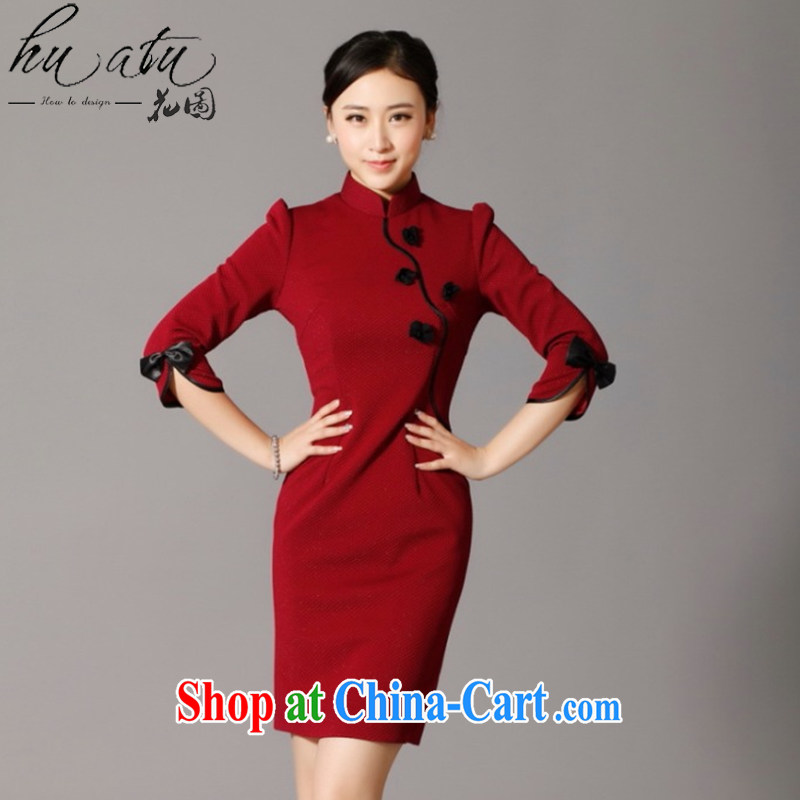 Take the cheongsam dress SPRING CHINESE improved, manually for three-dimensional flower knitting fashion cheongsam dress cheongsam banquet serving wine red 3XL, spend figure, online shopping