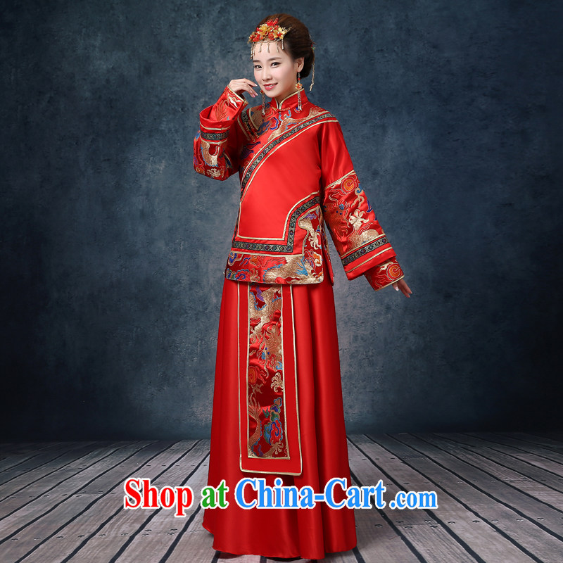 Summer 2015 new show reel service Chinese married women dress pregnant women married Yi red phoenix use long-sleeved long antique dresses toast clothing red XL