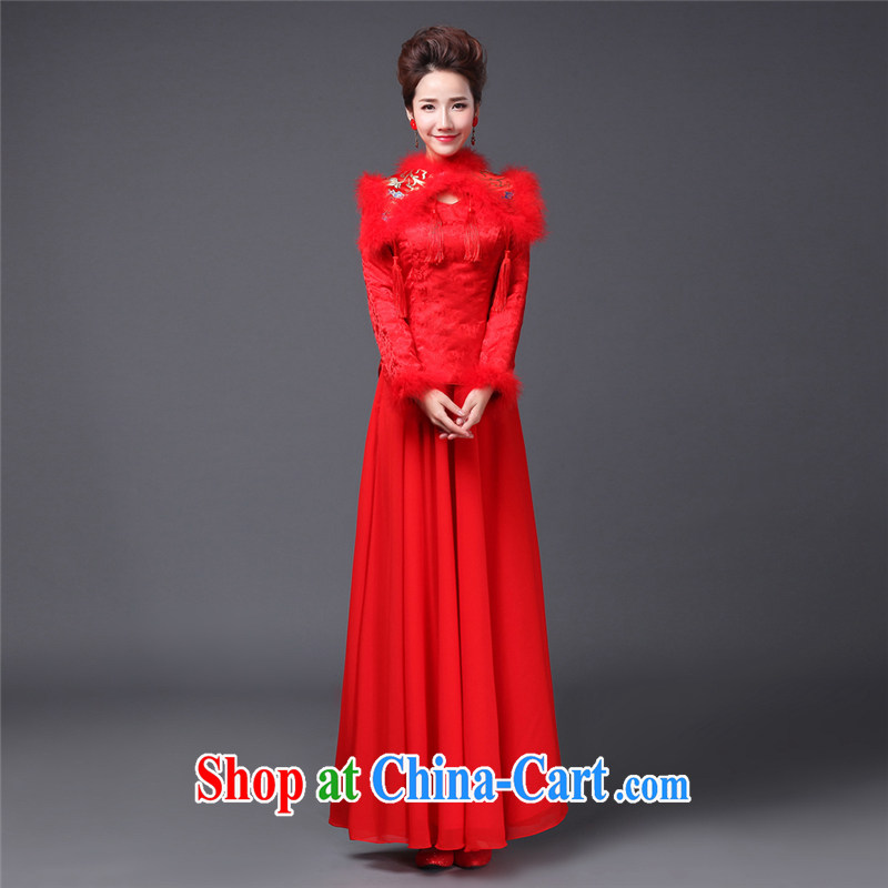 Jie MIA 2014 new winter bridal dresses long sleeved retro red toast serving thick Chinese long wedding dress red XXXL