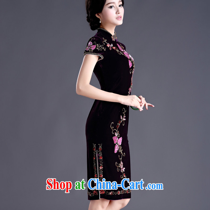 The cross-sectoral and Elizabeth fall and winter season, new, long, middle-aged, High Quality plush banquet dress manually staple Pearl water drilling elegant qipao dresses H D purple (short-sleeved) 2 XL, cross-sectoral, and Elizabeth, and shopping on th