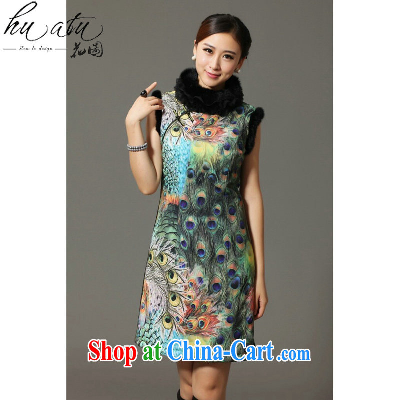 spend the winter and autumn cotton cheongsam dress Chinese Chinese, for rabbit hair for Peacock on display improved cotton cheongsam dress attire such as the color 2 XL, spend figure, shopping on the Internet