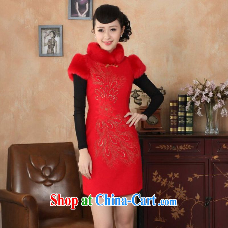 And Jing Ge Chinese improved cheongsam dress short skirt winter clothing new retro-beauty embroidery cotton robes Y 0030 red 40_XXL