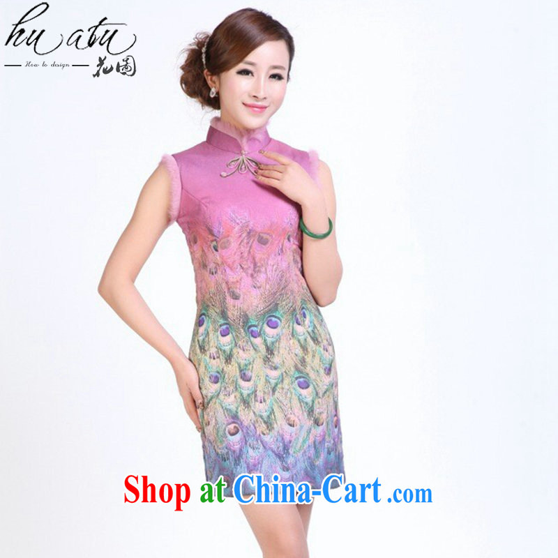 Take the female dresses Autumn and Winter load Tang Chinese, for Peacock on display improved rabbit hair cheongsam dress qipao annual dinner dress pink 2 XL, spend figure, and shopping on the Internet