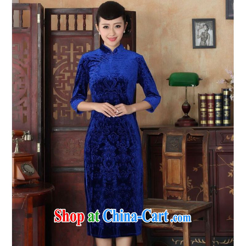 He Jing Ge New-stretch-velvet dresses in 7 sub-cuff fall and winter dresses, dress blue 2 XL