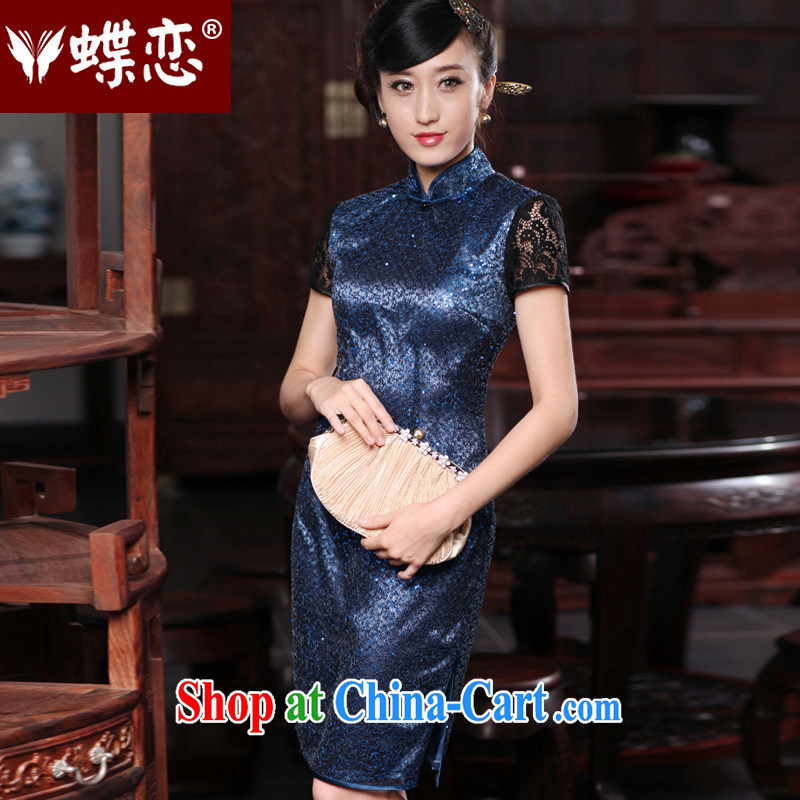 Butterfly Lovers 2015 spring new stylish improved stitching qipao dresses daily cultivating short Silk Cheongsam 49,187 dark blue XXXL