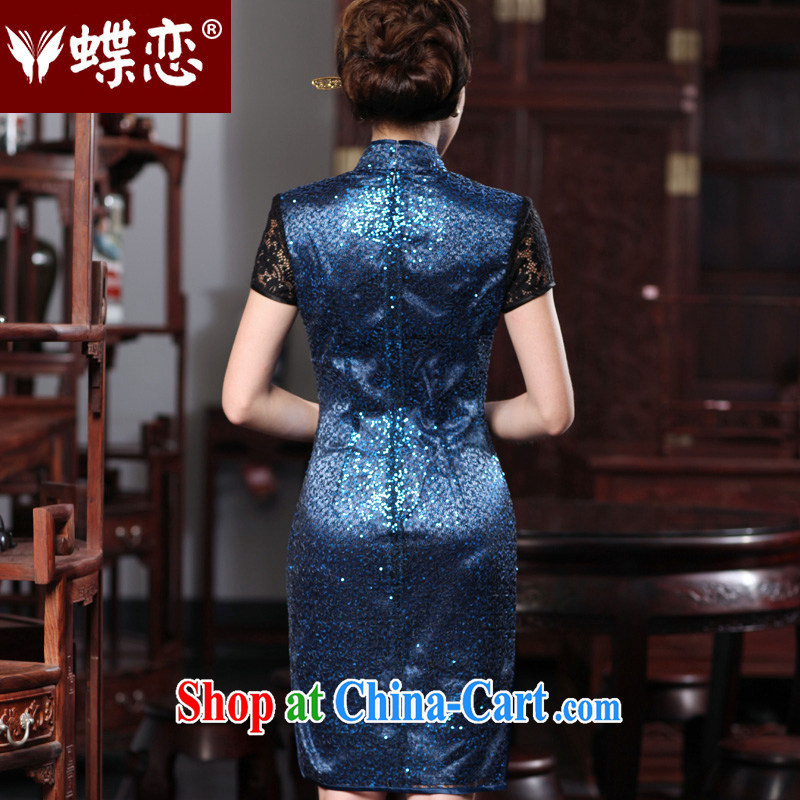 Butterfly Lovers 2015 spring new stylish improved stitching qipao dresses daily cultivating short Silk Cheongsam 49,187 dark blue XXXL, Butterfly Lovers, shopping on the Internet