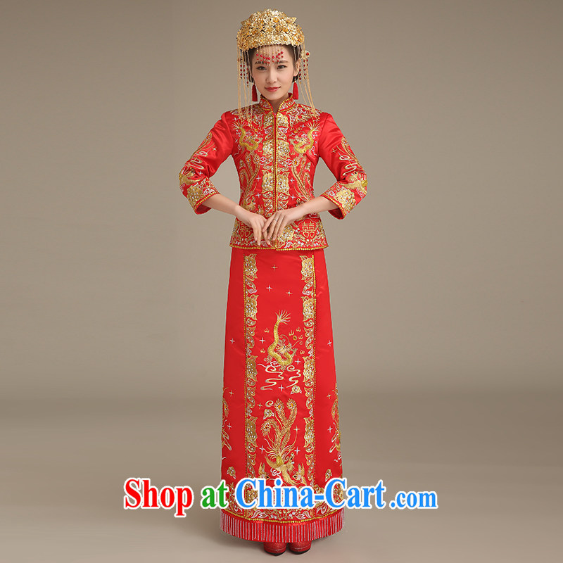 HANG SENG code Phoenix bride and bride's Su-wo service Chinese Antique long-sleeved qipao stylish married woman serving toast bride married Yi Xiao Fengxian two-piece red XL
