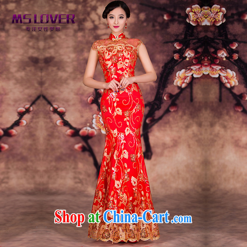 MSLover tulip crowsfoot cultivating cheongsam dress uniform bows lace improved fall and winter dresses crowsfoot long dress QP 141,201 red XL