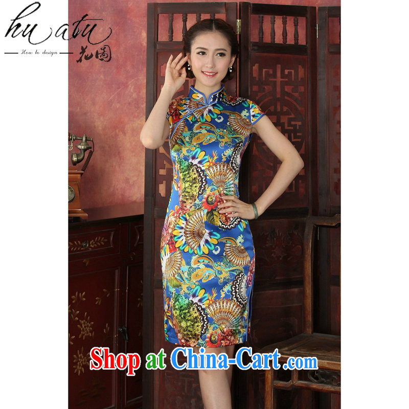 Take the cheongsam dress Tang with classic and stylish sauna Silk Cheongsam Chinese, who daily banquet Silk Cheongsam dress royal blue 2 XL, figure, and shopping on the Internet