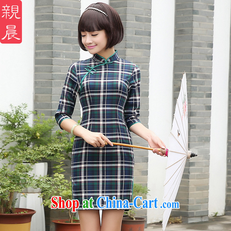 The pro-am 2015 as soon as possible grid autumn new traditional retro daily short sleeves in cultivating dresses qipao 7 cuff 2 XL - waist 80 CM
