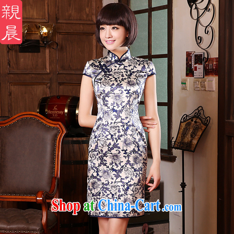 pro-am 2015 new summer upscale silk sauna silk blue and white porcelain retro short, improved cheongsam dress dress blue and white porcelain M - waist 70cm, and the pro-am, shopping on the Internet