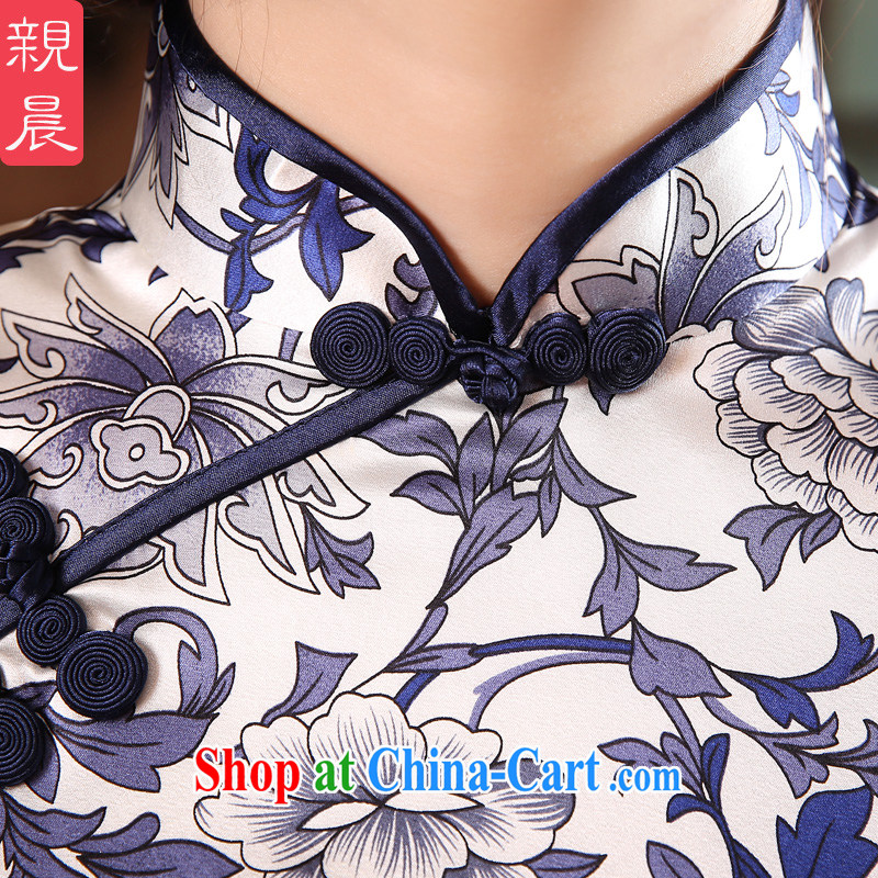 pro-am 2015 new summer upscale silk sauna silk blue and white porcelain retro short, improved cheongsam dress dress blue and white porcelain M - waist 70cm, and the pro-am, shopping on the Internet