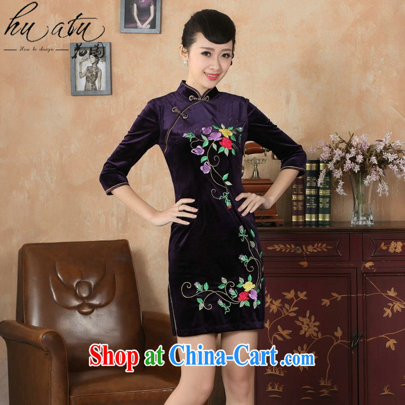 Take the cheongsam dress Chinese Chinese improved the collar stretch the wool embroidery, short sleeves cheongsam dress autumn - B violet 2 XL