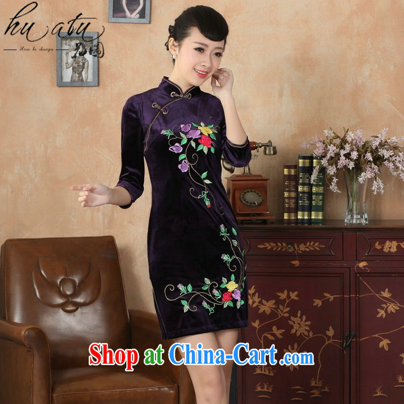 Take the cheongsam dress Chinese Chinese improved, for stretch the wool embroidery, short sleeves cheongsam dress autumn - B violet 2 XL, spend figure, shopping on the Internet