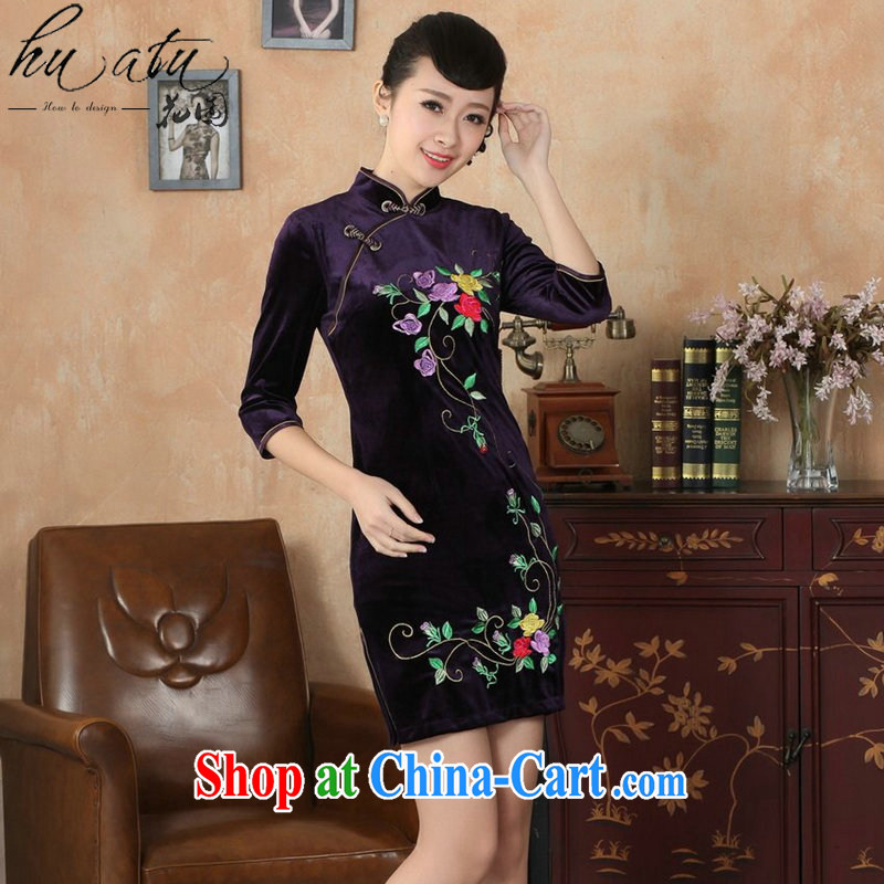 Take the cheongsam dress Chinese Chinese improved, for stretch the wool embroidery, short sleeves cheongsam dress autumn - B violet 2 XL, spend figure, shopping on the Internet