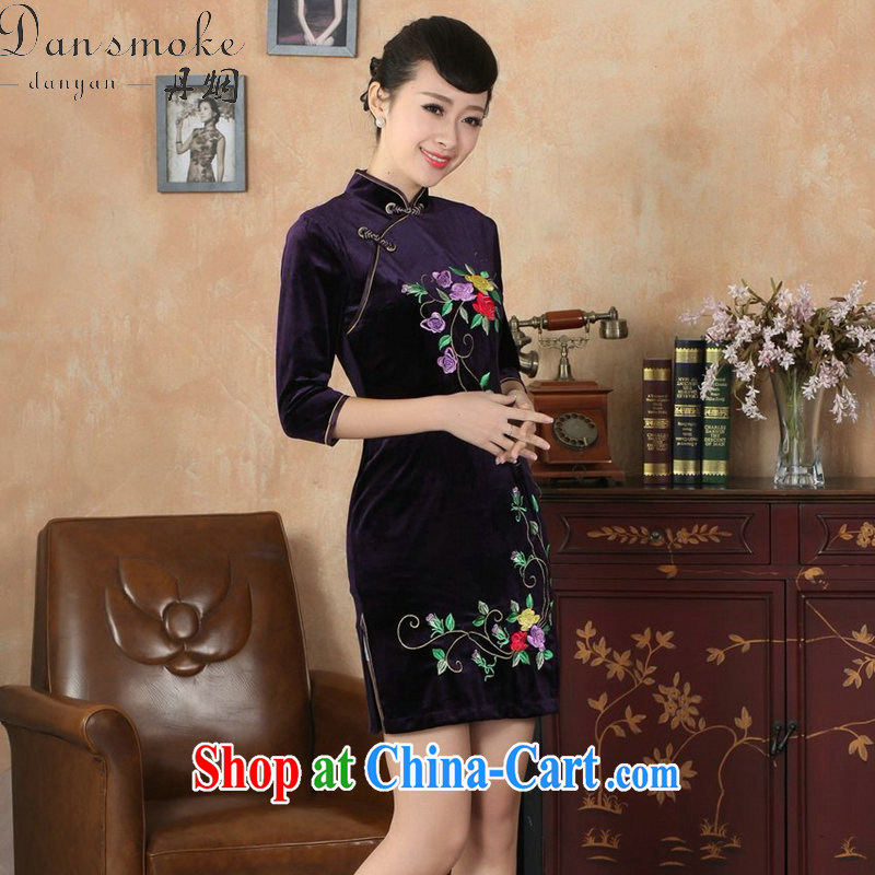 Dan smoke cheongsam dress Chinese Chinese improved, for stretch the wool embroidery, short sleeves cheongsam dress autumn - B violet 2 XL, Bin Laden smoke, shopping on the Internet