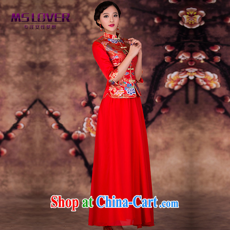 MSLover tapestry of tight skirt set new bridal gown Chinese long-sleeved dresses retro wedding toast QP serving 141,208 red XL (waist 2 feet 3) and products (MSLOVER), online shopping