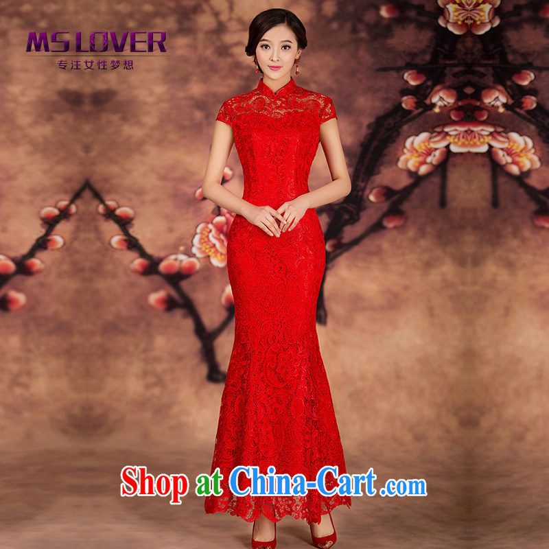 MSLover water-soluble lace short-sleeved crowsfoot long cheongsam dress bridal toast. autumn and winter red embroidery Chinese Dress QP 141,211 red XL _waist 2 feet 3_
