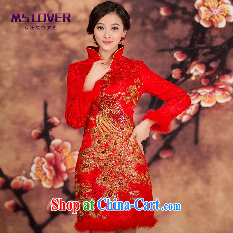 The MSLover collar embroidered Bong-quilted short cheongsam dress new winter clothes bridal toast cheongsam long-sleeved gown, winter dress QP 141,213 red XL (waist 2FT 3), name, Mona Lisa (MSLOVER), online shopping