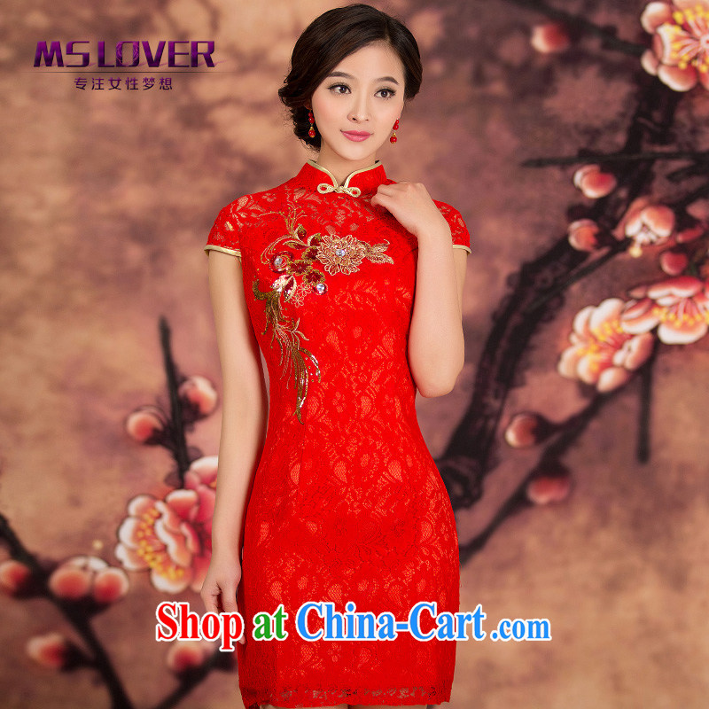 MSLover lace Peony short cheongsam Chinese short red lace wedding dresses bridal toast clothing wedding dress QP 141,215 red XL (waist 2 feet 3), name, Mona Lisa (MSLOVER), online shopping