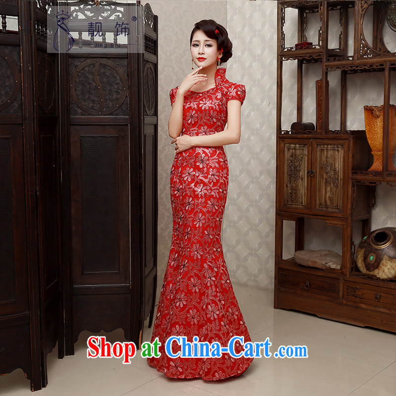 Beautiful ornaments 2015 new winter clothes winter outfit long red Lace Embroidery bridal long serving toast red long cheongsam XL