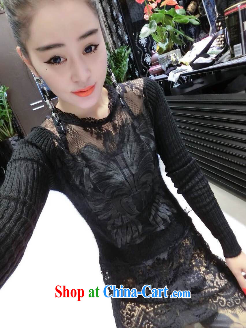 Red Stars simple and casual lace stitching knitted long 100 ground dress black are code