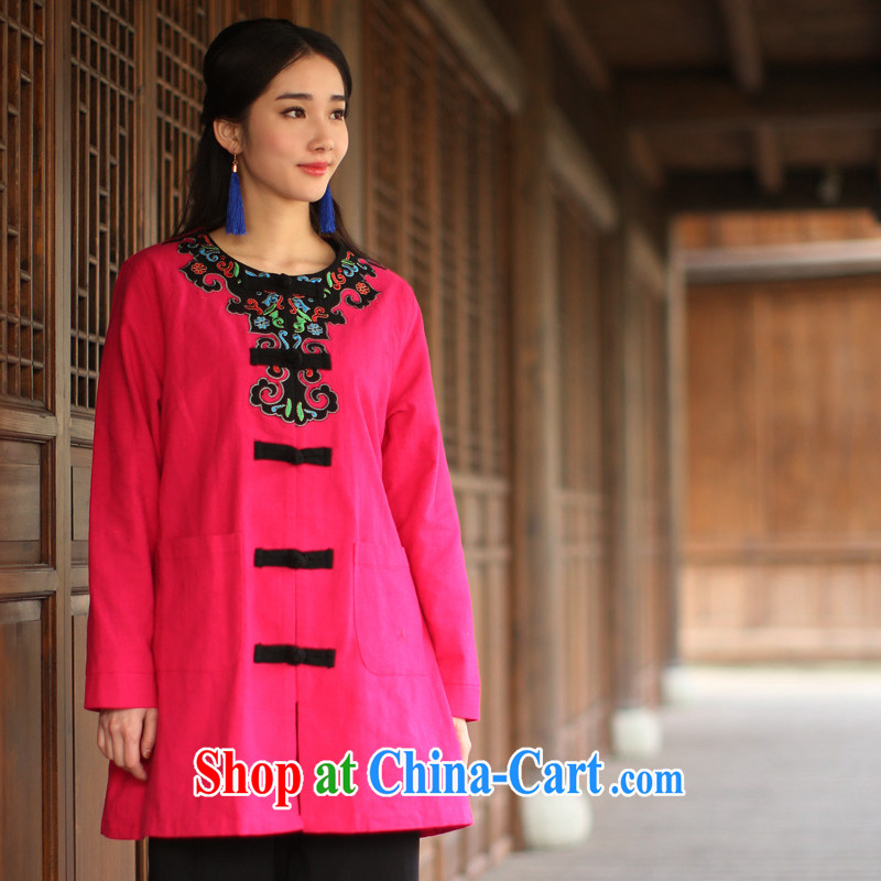 The Nan Ethnic Wind women, Spring and Autumn and the cotton embroidered round-collar long-sleeved T-shirt Chinese Antique improved Tang with the red XL