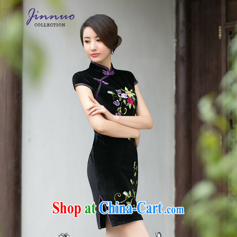 Kam-world the Hyatt spring and summer with new style embroidery flowers, for retro elegant refined and stylish everyday beauty package and graphics thin elegant dresses, velvet cheongsam black XXL, Kam-world, Yue, and shopping on the Internet