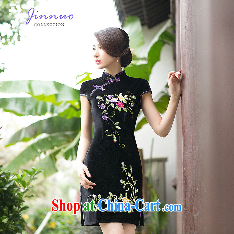 Kam-world the Hyatt spring and summer with new style embroidery flowers, for retro elegant refined and stylish everyday beauty package and graphics thin elegant dresses, velvet cheongsam black XXL, Kam-world, Yue, and shopping on the Internet