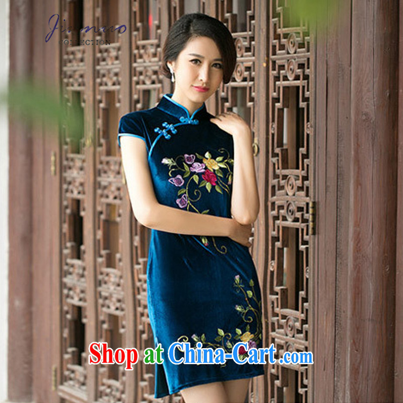 Kam-world the Hyatt 2015 new style spring loaded embroidery flowers China wind cheongsam improved stylish retro daily beauty and elegant gold velour short skirts dresses blue XXL, Kam world, Yue, and shopping on the Internet