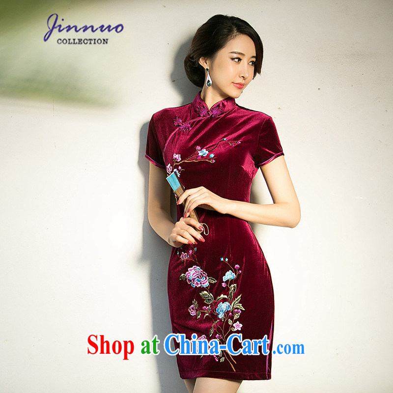 kam world at the 2015 spring and autumn and winter clothing quality female decoration, graphics thin package and feminine embroidered gold velour cheongsam-style skirts improved short daily Uhlans on XXL