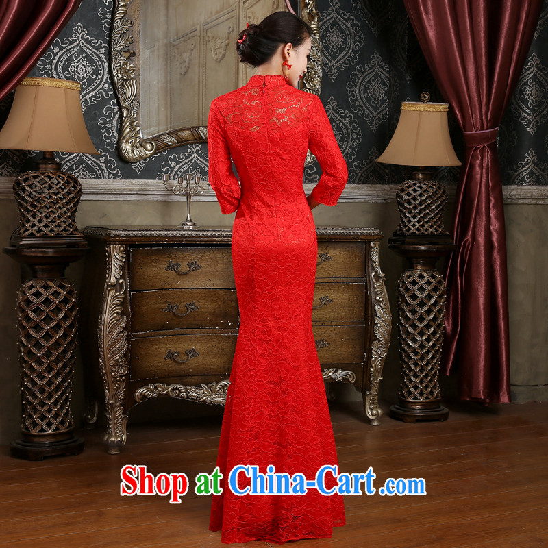 (Quakers) estimated new 2015 autumn and winter bride toast wedding cheongsam dress retro crowsfoot graphics thin wedding dress sleeves in red dress red XXL code waist 2.4 feet, and friends (LANYI), online shopping