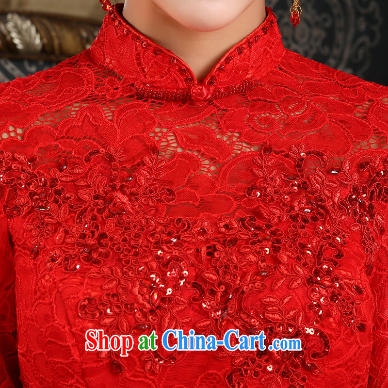 (Quakers) estimated new 2015 autumn and winter bride toast wedding cheongsam dress retro crowsfoot graphics thin wedding dress sleeves in red dress red XXL code waist 2.4 feet, and friends (LANYI), online shopping