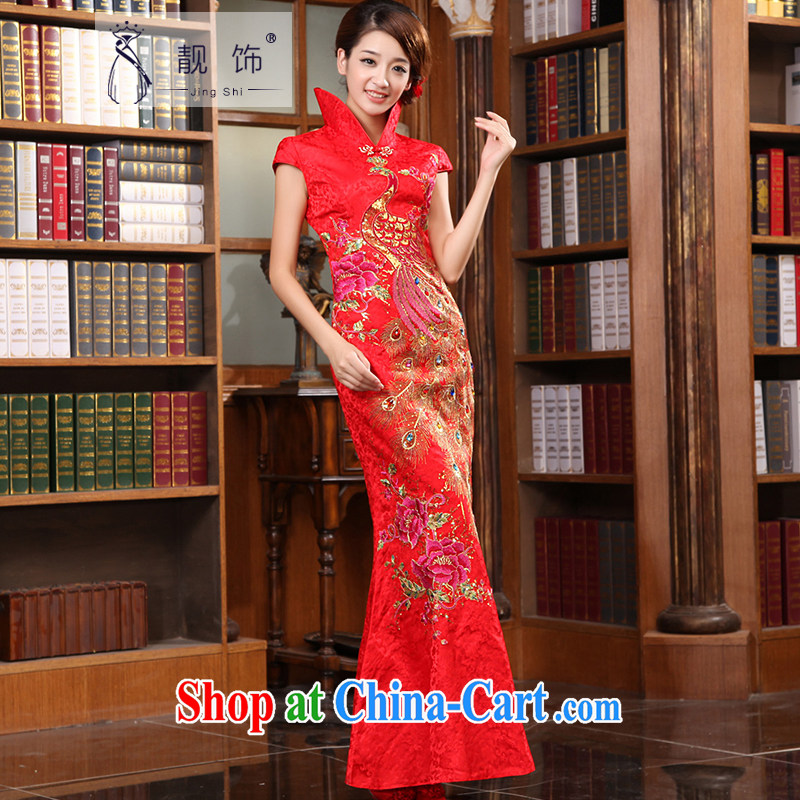 Beautiful ornaments 2015 new bride retro wedding dresses Chinese red long serving toast red long cheongsam XL